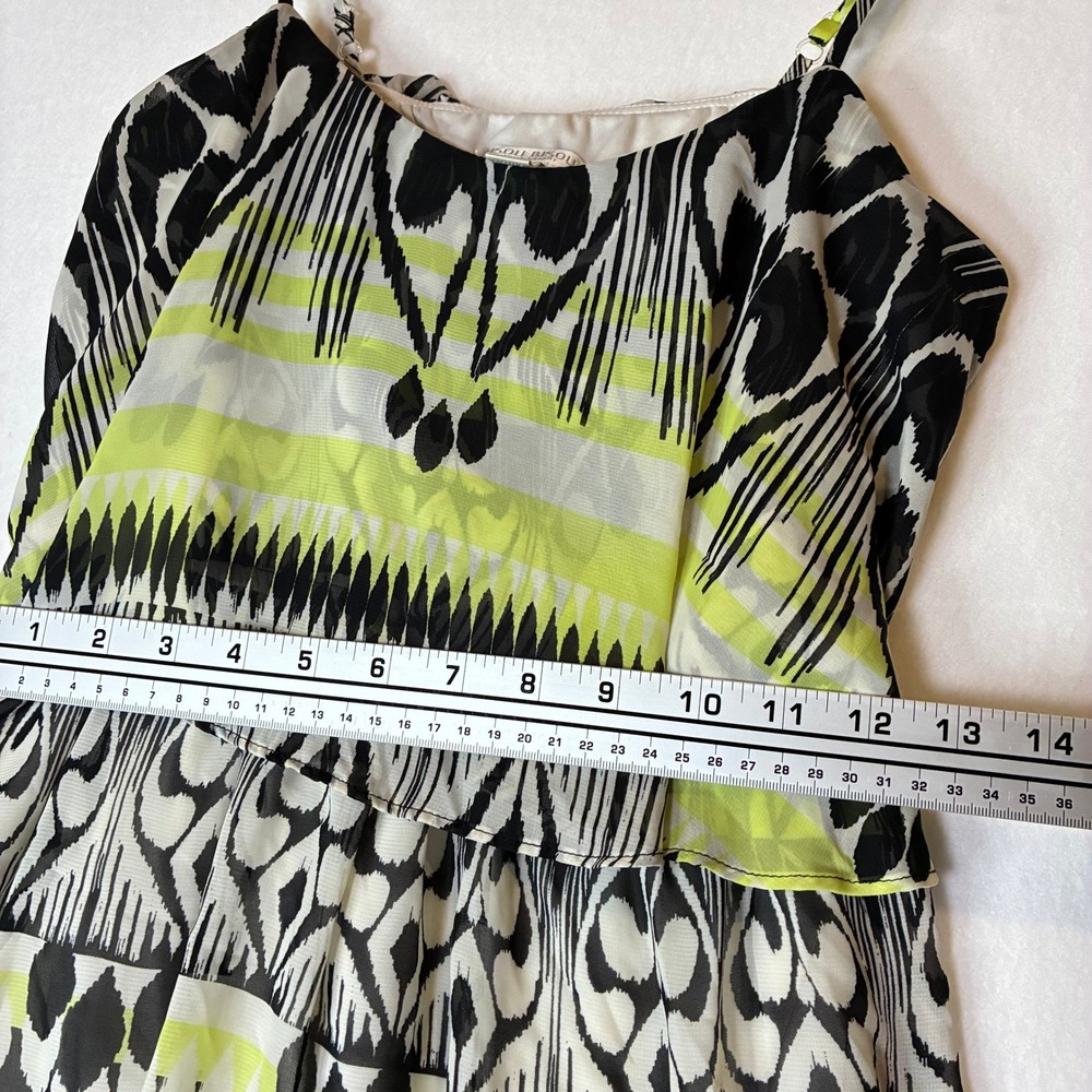 Bisou Bisou Dress Women's 14 Green Ikat High Low Tiered Ruffle 13KD582B - Picture 5 of 11